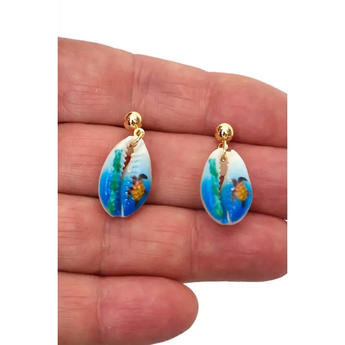 Üzeri Resimli Gerçek Deniz Kabuğu Küpe 30-D2