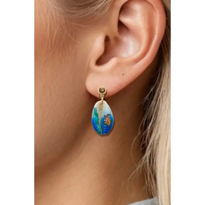 Üzeri Resimli Gerçek Deniz Kabuğu Küpe 30-D2