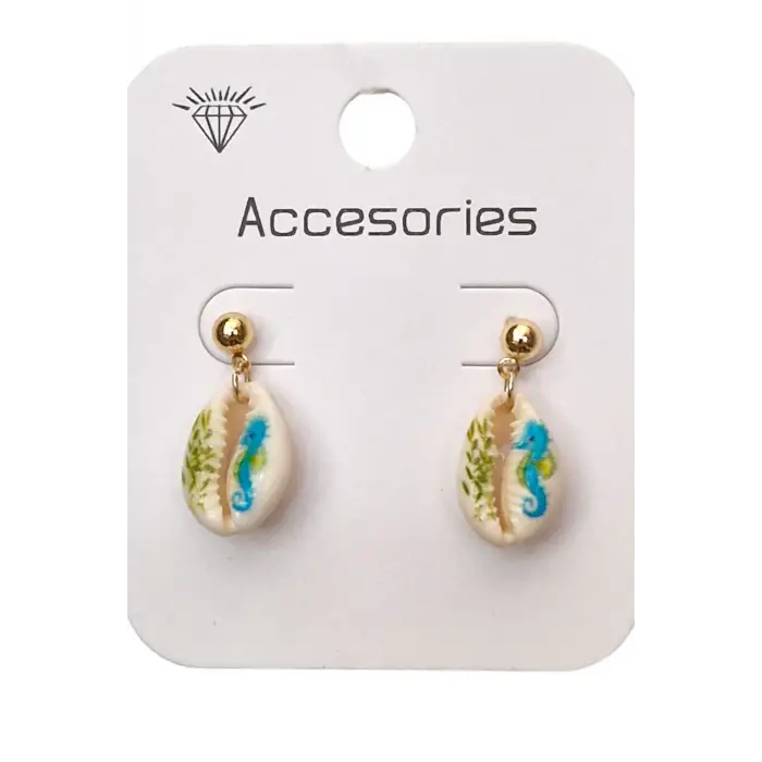 Üzeri Resimli Gerçek Deniz Kabuğu Küpe 30-D3