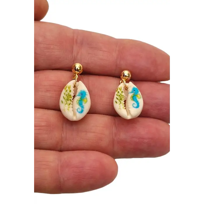 Üzeri Resimli Gerçek Deniz Kabuğu Küpe 30-D3