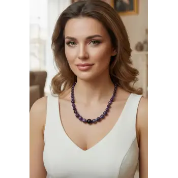 Koyu Renk Ametist Kolye - Gümüş Malzemeli Süzme Tasarım 348-3