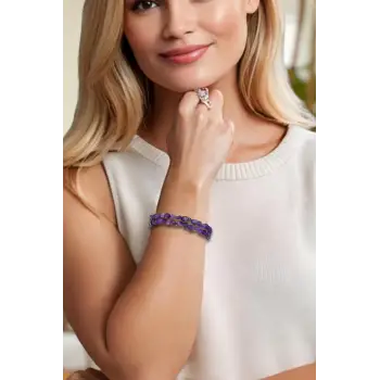 Çift Sıralı Ametist Doğal Taş Bileklik, Makrome Ayarlı 311-5