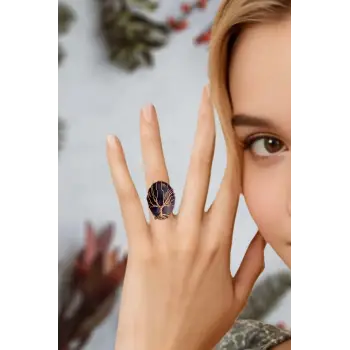 Ametist Ayarlı Yüzük Bakır Hayat Ağacı El Yapımı 466-3