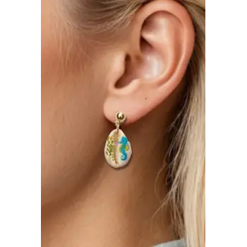 Üzeri Resimli Gerçek Deniz Kabuğu Küpe 30-D3