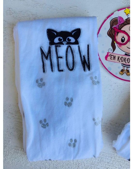 Kedi Ve Simli Pati Detaylı Külotlu Çorap