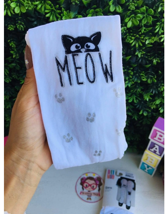 Kedi Ve Simli Pati Detaylı Külotlu Çorap