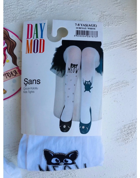 Kedi Ve Simli Pati Detaylı Külotlu Çorap