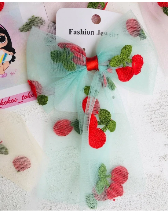 Kiraz İşlemeli Tül Fiyonk Toka