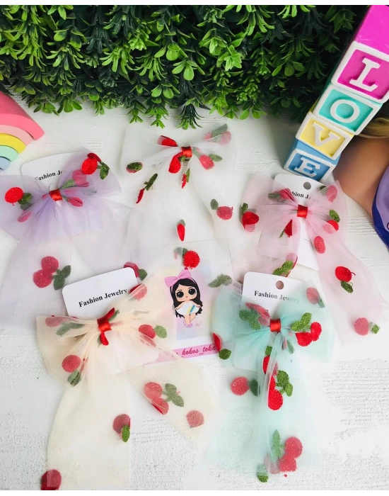 Kiraz İşlemeli Tül Fiyonk Toka