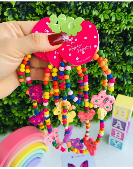 Rengarenk Tahta Boncuk Kolye Seti