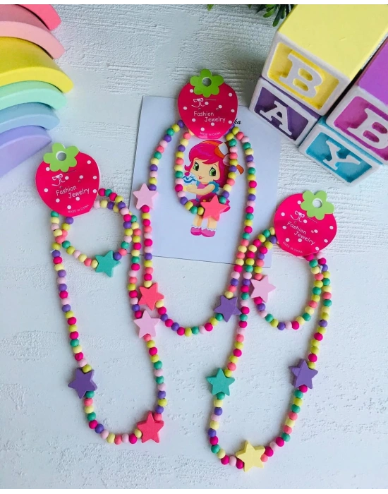 Rengarenk Tahta Boncuk Kolye Seti