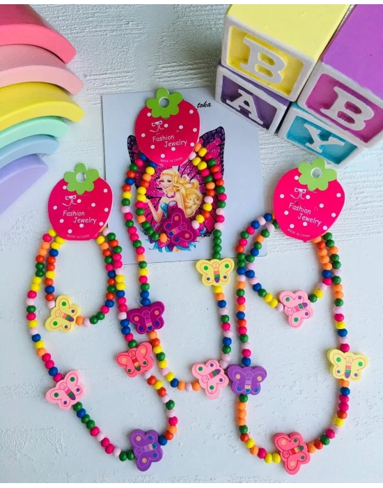 Rengarenk Tahta Boncuk Kolye Seti
