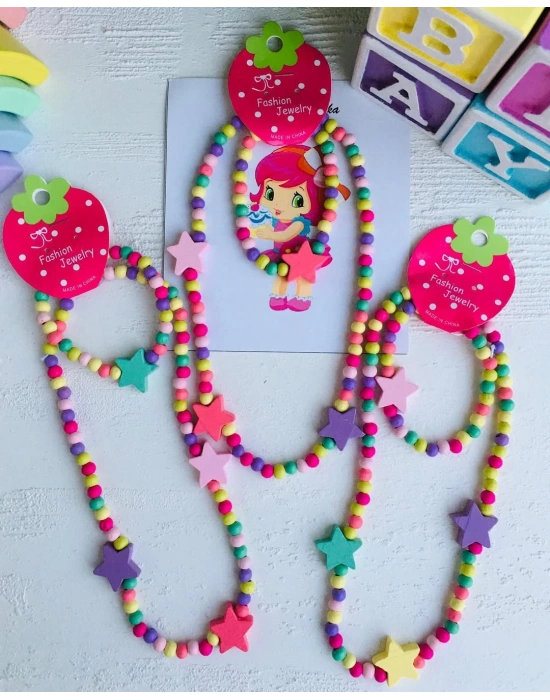 Rengarenk Tahta Boncuk Kolye Seti