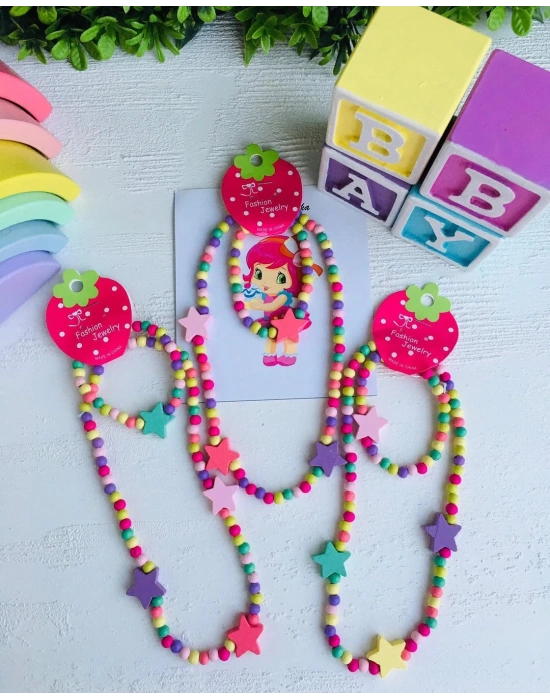 Rengarenk Tahta Boncuk Kolye Seti