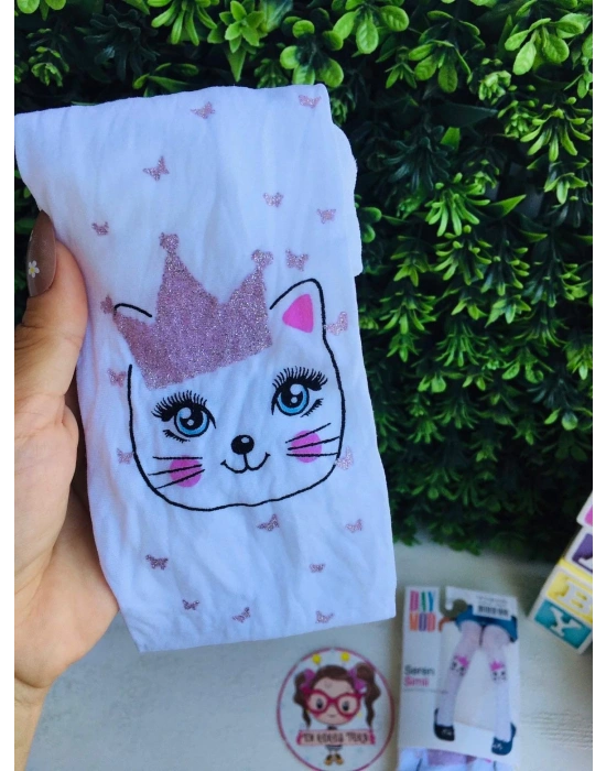 Taçlı Kedi Desenli Simli Kelebek Detaylı Külotlu Çorap