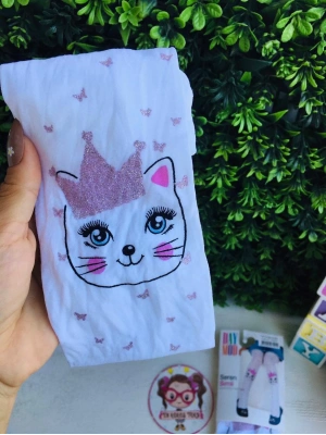 Taçlı Kedi Desenli Simli Kelebek Detaylı Külotlu Çorap