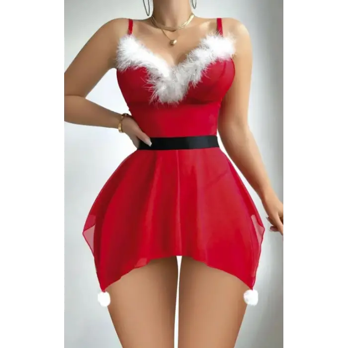 Rogue Yılbaşı Kostümü Ponponlu Tüylü Gecelik Babydoll DM3804