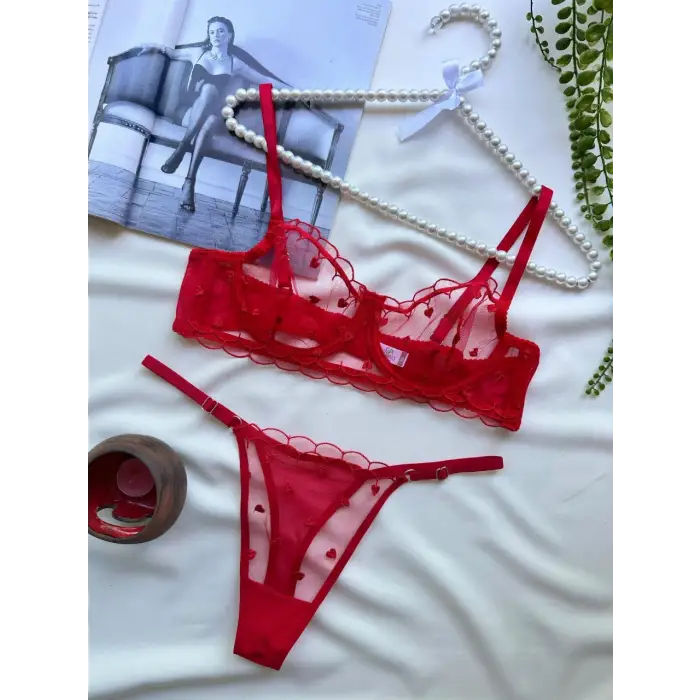 À Cœurs Rouges Dantel Transparan Bralet Sütyen Takımı DM1360