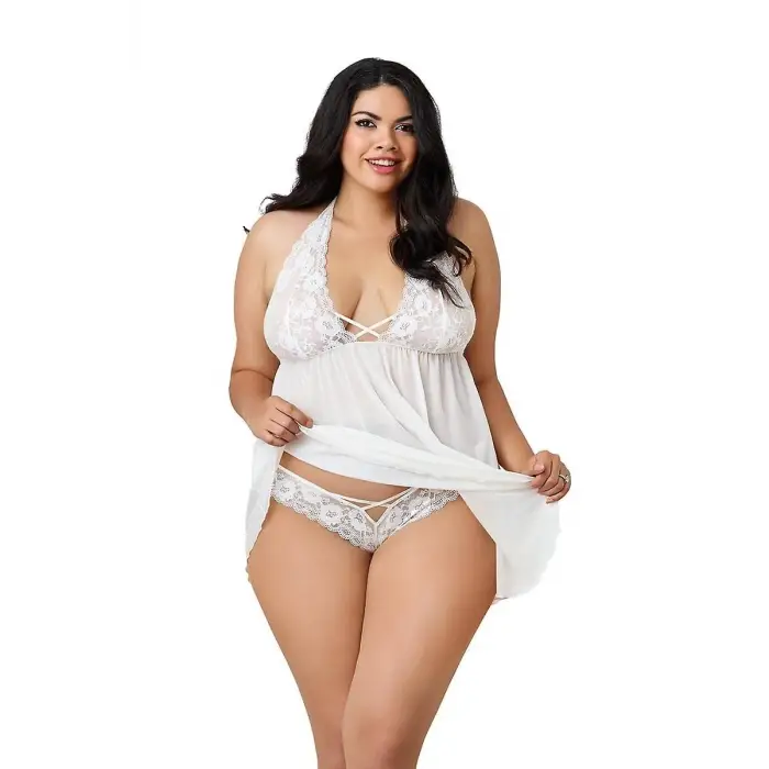 D Lingerie Dantelli Beyaz Büyük Beden Gecelik DM1273