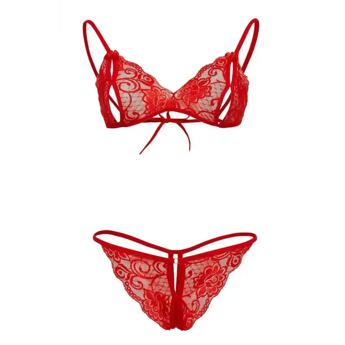 Kırmızı Dantelli Fantazi Sütyen ve G-String Takım DM2048