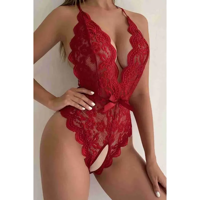 D Lingerie Özel Bölgesi Açık Dantelli Kırmızı Fantazi Babydoll DM1278