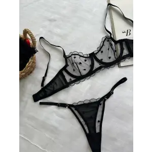 Noire À Cœurs Dantel Transparan Bralet Sütyen Takımı DM1362