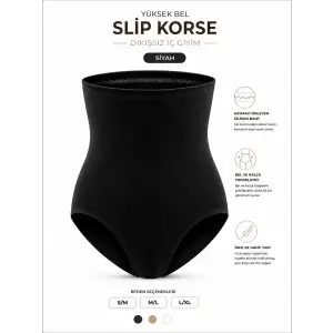 Dikişsiz Yüksek Bel Silikon Bantlı Slip Korse- Siyah DM06S