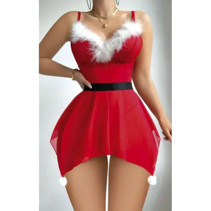 Rogue Yılbaşı Kostümü Ponponlu Tüylü Gecelik Babydoll DM3804