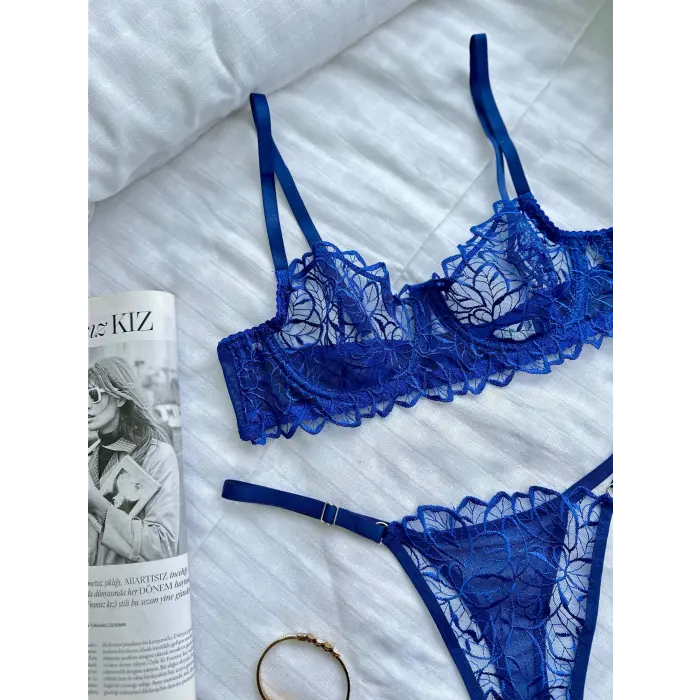 Bleu Marine Dantel Transparan Bralet Sütyen Takım DM1367
