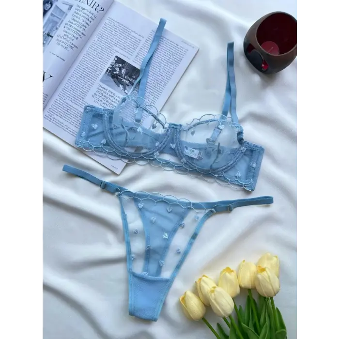 À Cœurs Bleus Dantel Transparan Bralet Sütyen Takımı DM1363