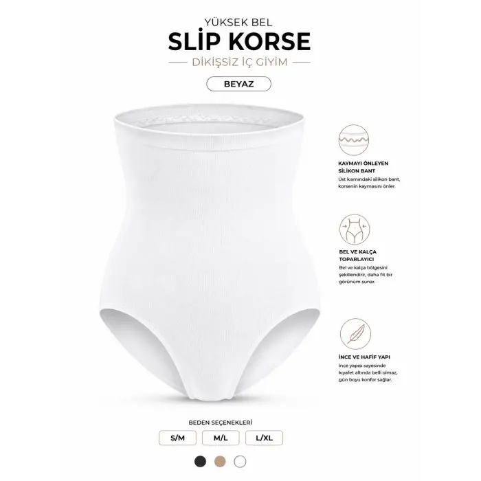 Dikişsiz Yüksek Bel Silikon Bantlı Slip Korse- Beyaz DM06B