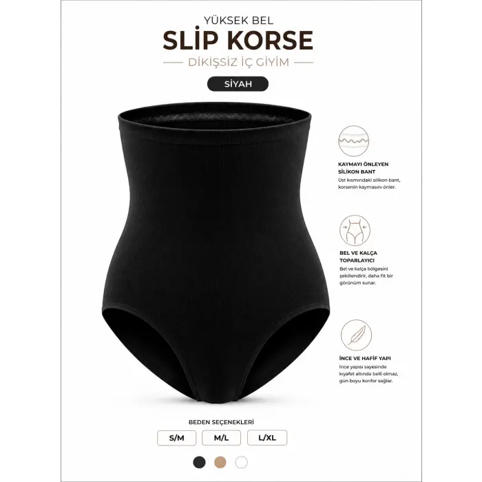 Dikişsiz Yüksek Bel Silikon Bantlı Slip Korse- Siyah DM06S