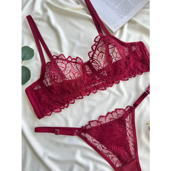 Bordeaux Dantel Transparan Bralet Sütyen Takım DM1368
