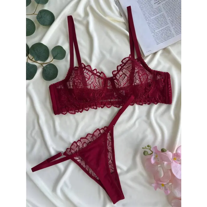 Bordeaux Dantel Transparan Bralet Sütyen Takım DM1368
