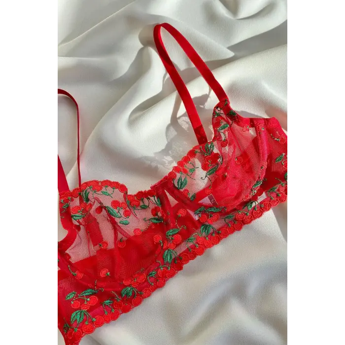 Cerise Rouge Dantel Transparan Bralet Sütyen Takımı DM1358