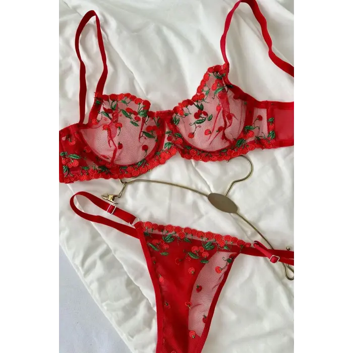 Cerise Rouge Dantel Transparan Bralet Sütyen Takımı DM1358