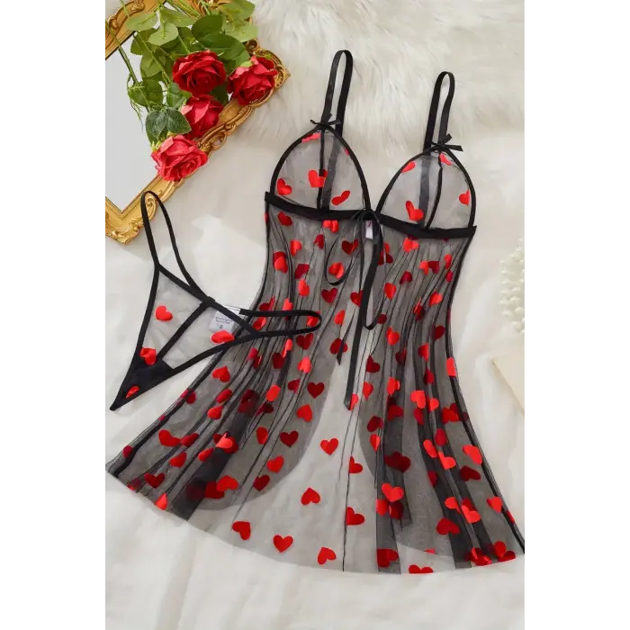 Noire Romance Heart Transparan Babydoll Gecelik DM1378