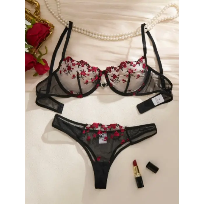 Rouge Fleur Nakışlı Transparan Sütyen Takımı DM1415