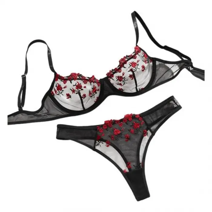 Rouge Fleur Nakışlı Transparan Sütyen Takımı DM1415