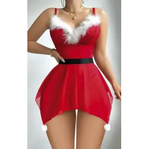 Rogue Yılbaşı Kostümü Ponponlu Tüylü Gecelik Babydoll DM3804