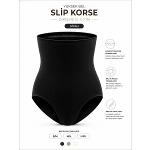 Dikişsiz Yüksek Bel Silikon Bantlı Slip Korse- Siyah DM06S