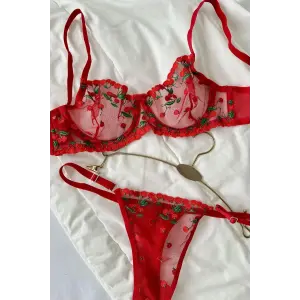 Cerise Rouge Dantel Transparan Bralet Sütyen Takımı DM1358