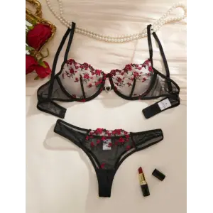 Rouge Fleur Nakışlı Transparan Sütyen Takımı DM1415