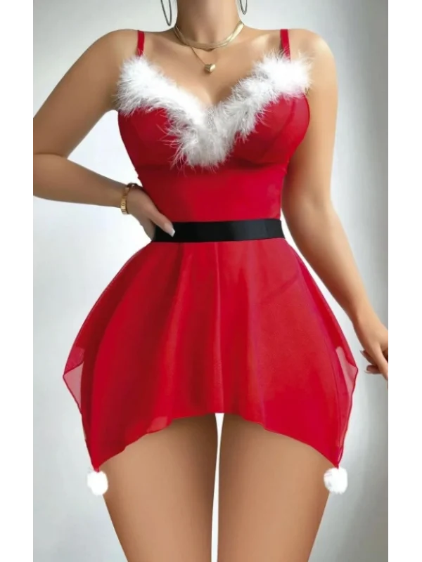 Rogue Yılbaşı Kostümü Ponponlu Tüylü Gecelik Babydoll DM3804