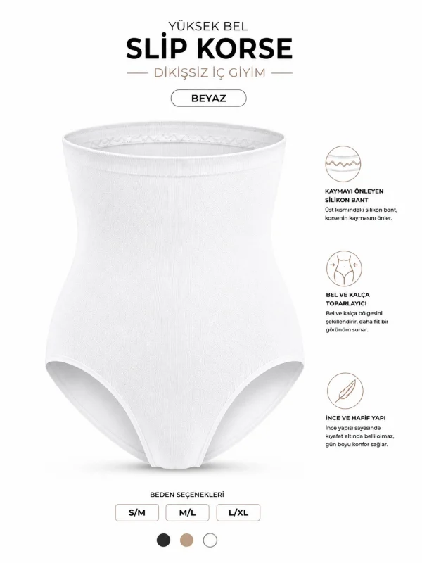 Dikişsiz Yüksek Bel Silikon Bantlı Slip Korse- Beyaz DM06B