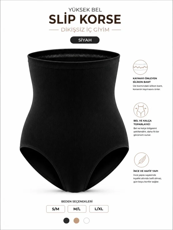 Dikişsiz Yüksek Bel Silikon Bantlı Slip Korse- Siyah DM06S