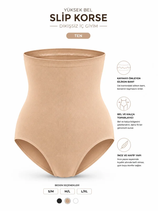 DLingerie Dikişsiz Yüksek Bel Silikon Bantlı Slip Korse - Ten DM06T