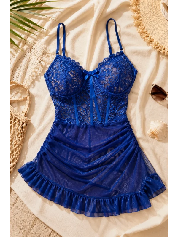 Sapphire Lace Transparan Fırfır Detaylı Fantezi Gecelik DM1403
