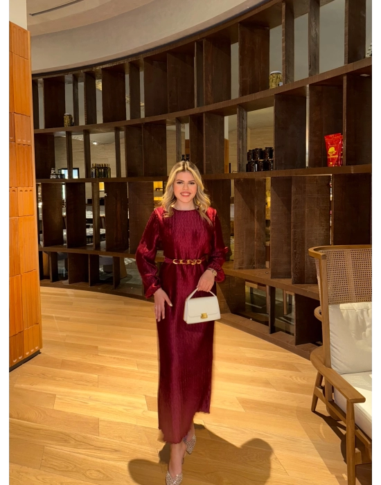 Asel Kemerli Elbise-Bordo
