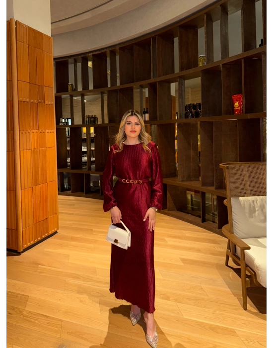 Asel Kemerli Elbise-Bordo